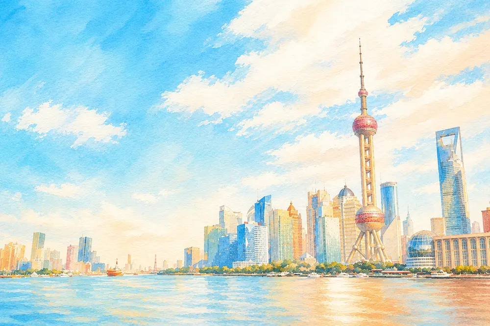 Watercolor illustration of the Shanghai skyline and Oriental Pearl Tower
