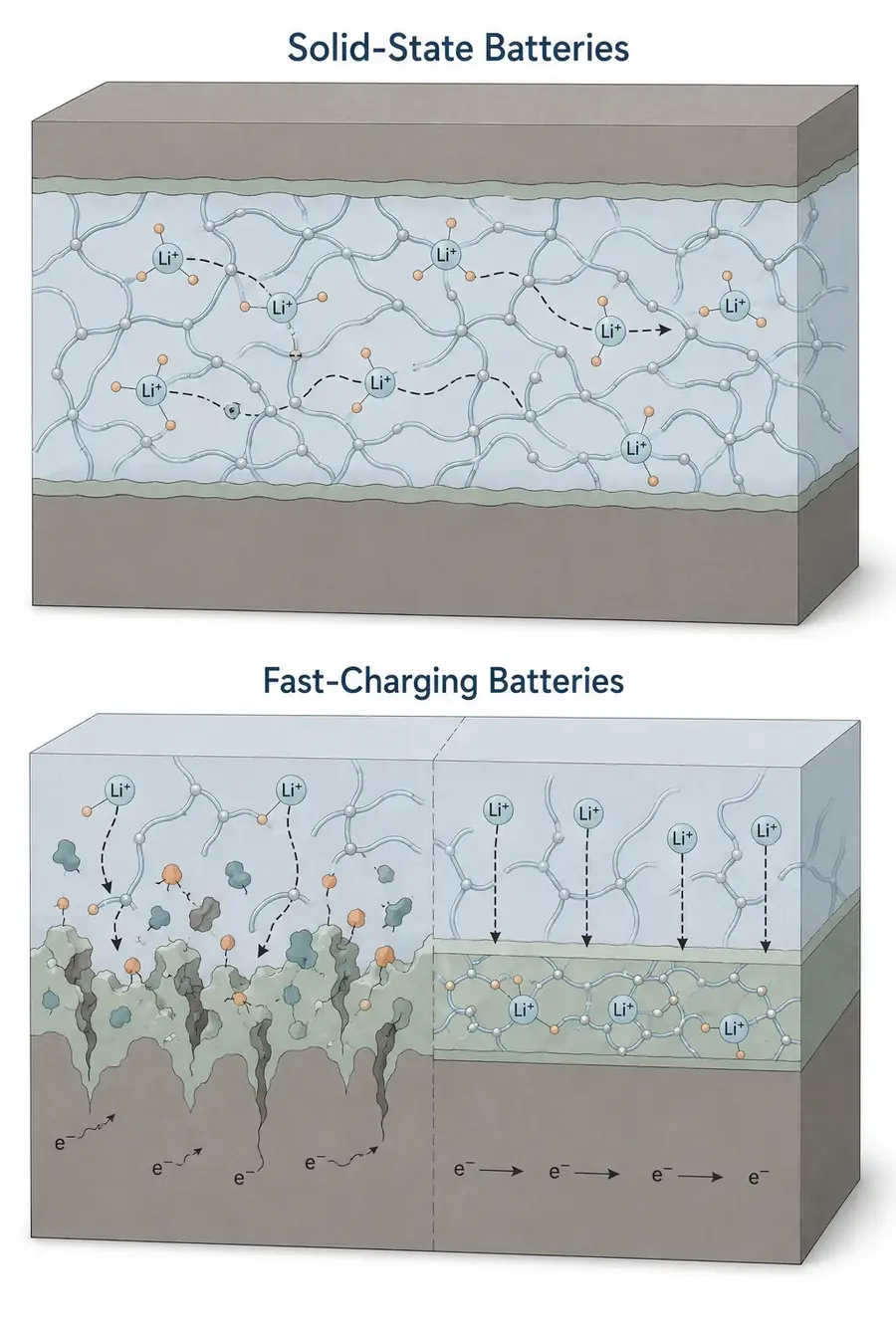 Solid-state and fast-charging battery platforms enabled by organic ion-conducting materials