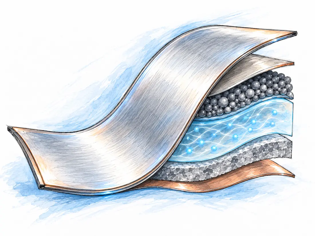 Hand-drawn scientific illustration of a flexible polymer solid-state battery